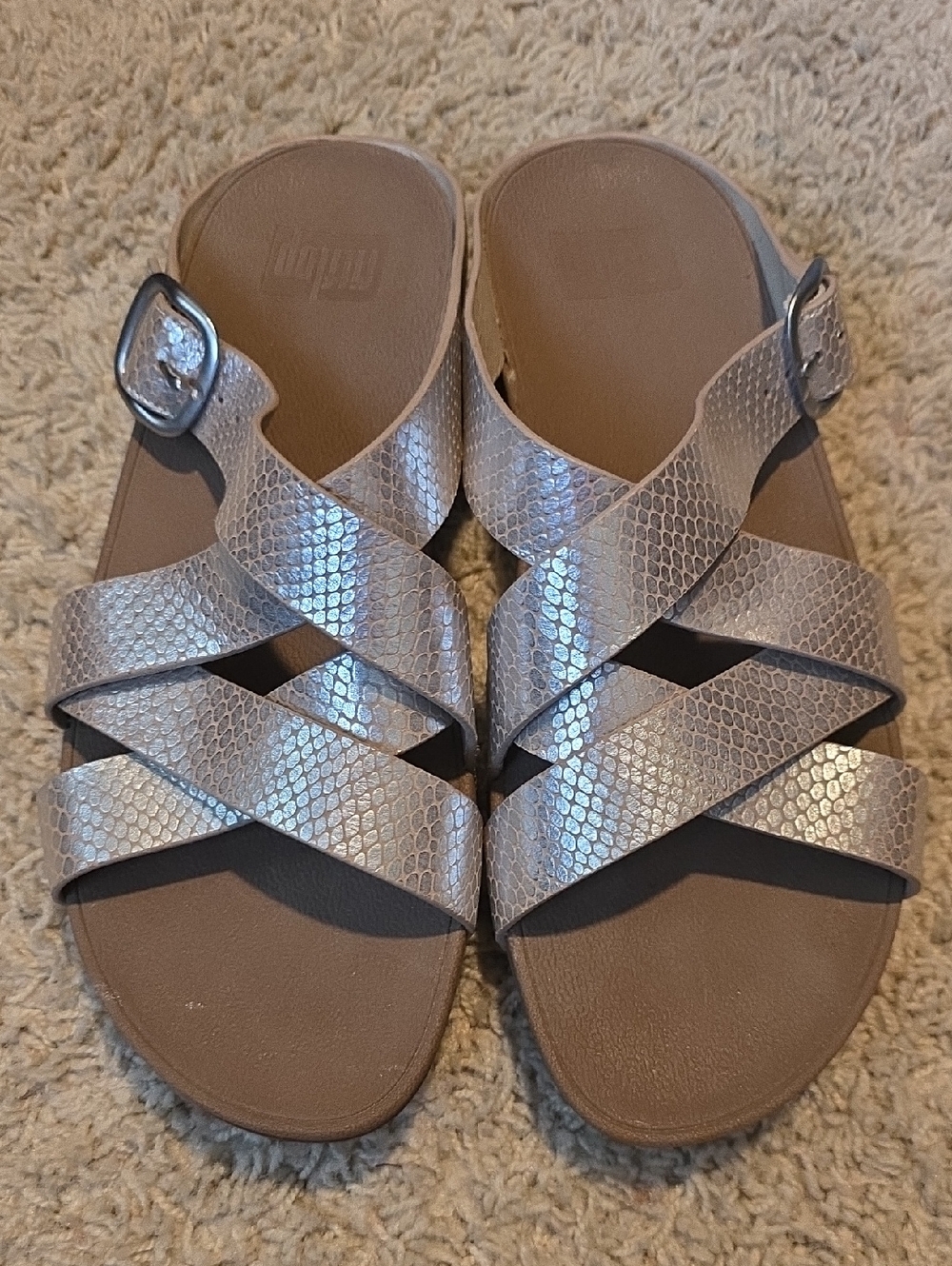 FitFlop Metallic Taupe Snake-Texture Slide Sandals Size 9